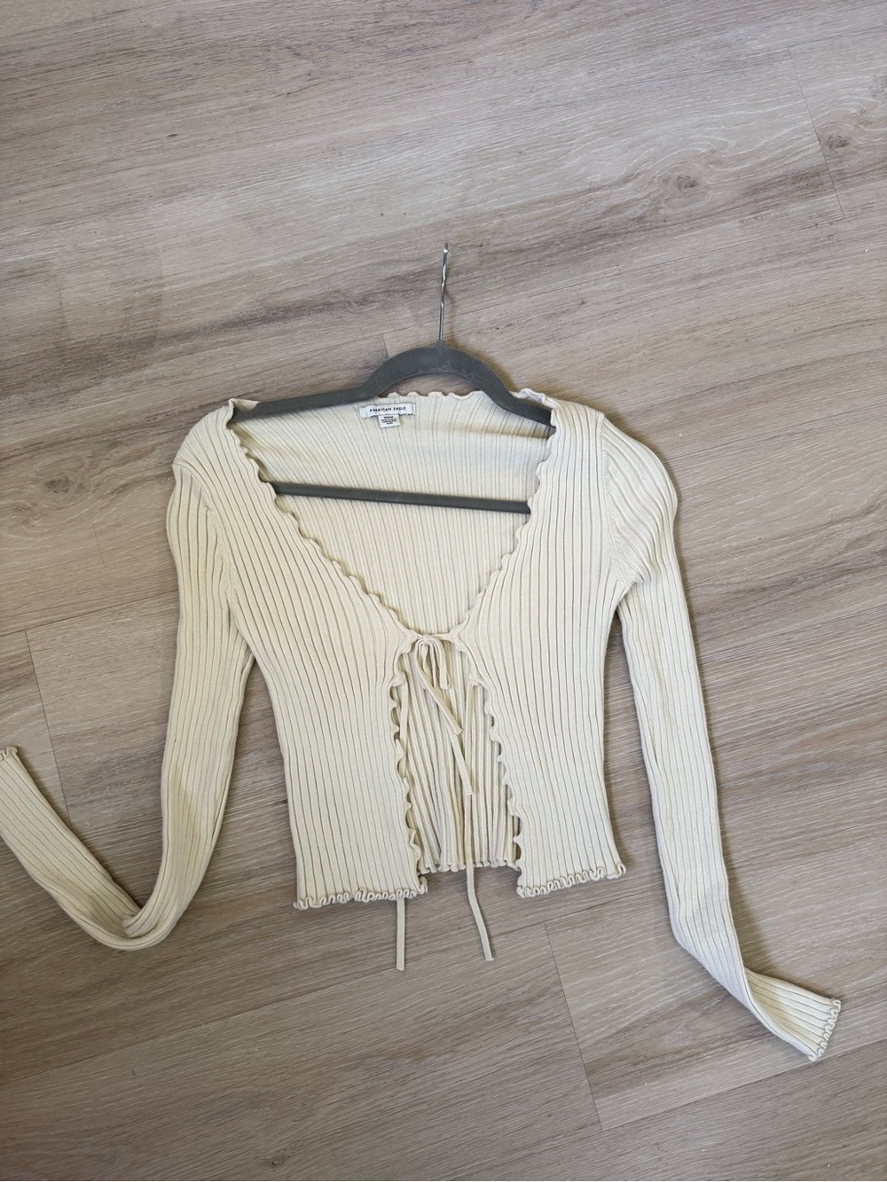 American Eagle Outfitters Cream Ribbed Tie-Front Long Sleeve Top